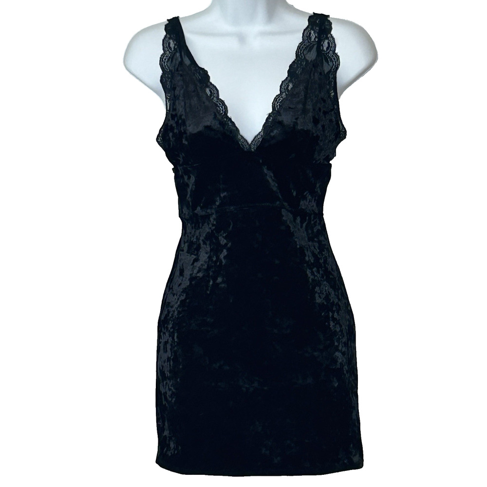 Free People Whimsygoth Bodycon Mini Dress XS Black Velvet Lace Trim